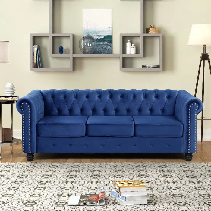 THE CASA ORO® 80" Rolled Arm Chesterfield Sofa Living Room(Light Blue Velvet)