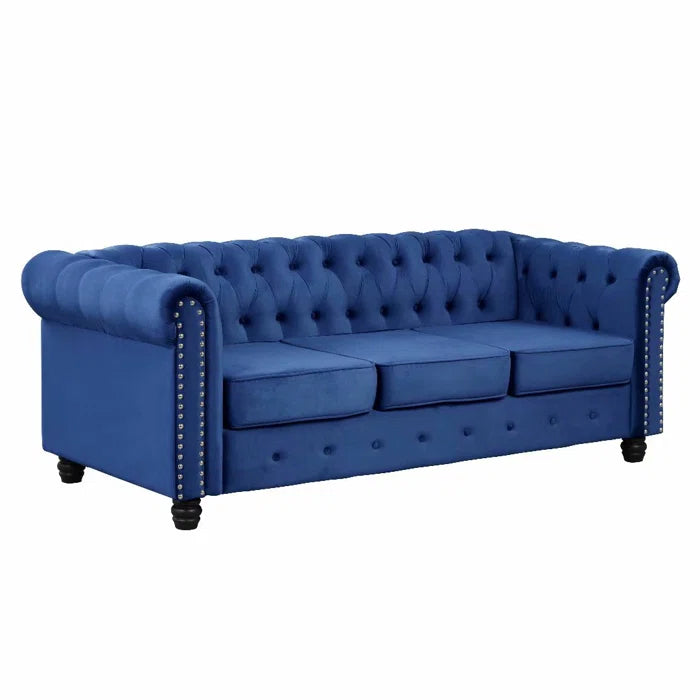 THE CASA ORO® 80" Rolled Arm Chesterfield Sofa Living Room(Light Blue Velvet)