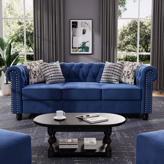 THE CASA ORO® 80" Rolled Arm Chesterfield Sofa Living Room(Light Blue Velvet)