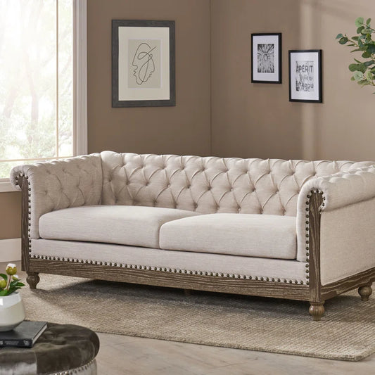 THE CASA ORO® 78.75'' Rolled Arm Chesterfield Sofa, Upholstered Sofa(Beige Polyester)