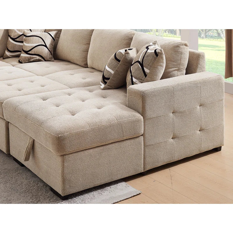 U Shape Sectional Sofa: 123" Oversized Sectional Sleeper Sofa With Storage Living Room(Beige)