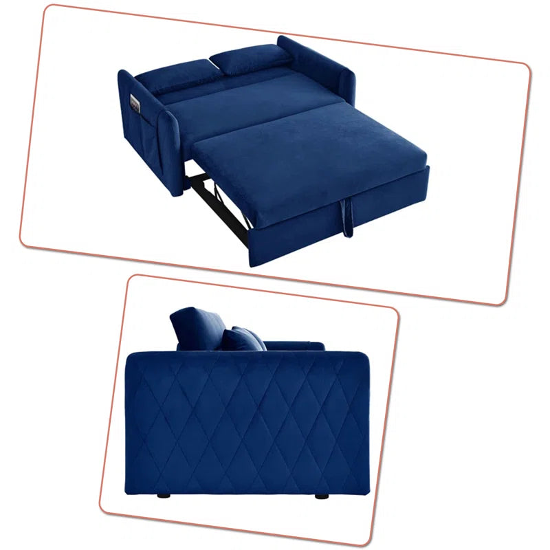 Sofa Cum Bed with Two Pillows and Adjustable Backrest(Blue Velvet)