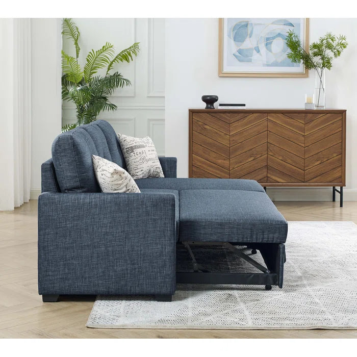 L- Shape Sectional Sofa: 85'' Square Arm Sofa Bed with Sleeper Sectional(Blue Linen Blend)