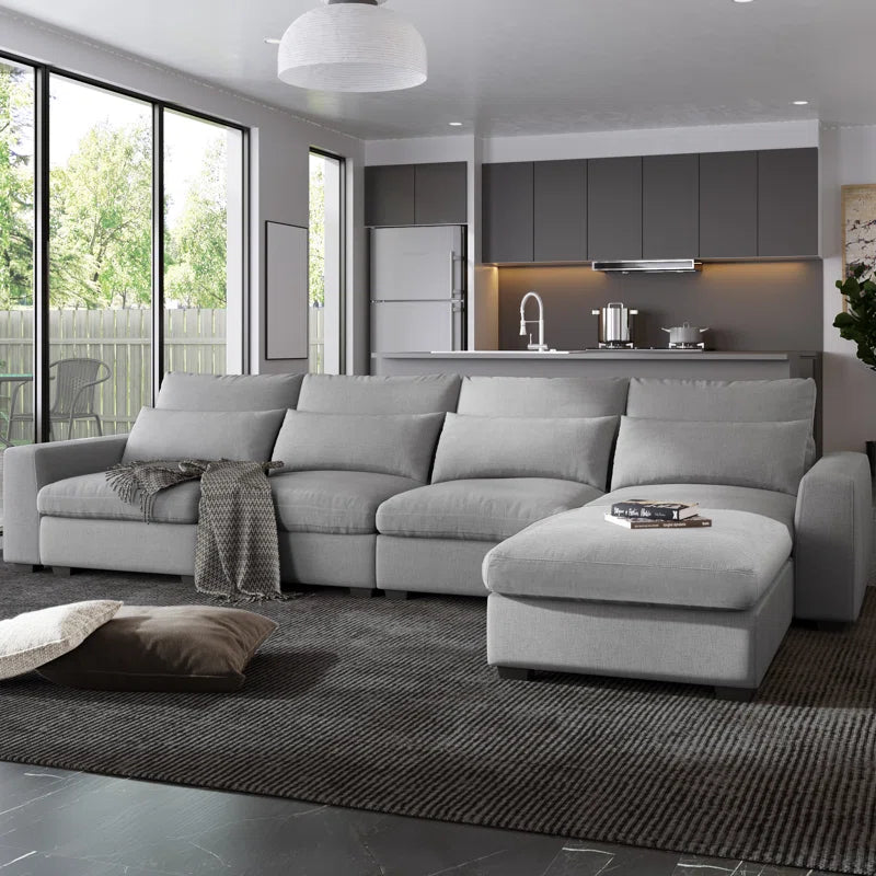 5 Seater Sofa: 129.9" Square Arm Sofa Chaise, Modern Large L-Shape Feather Filled Sectional Sofa(Light Gray Linen)