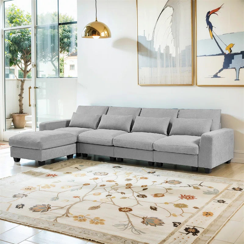 5 Seater Sofa: 129.9" Square Arm Sofa Chaise, Modern Large L-Shape Feather Filled Sectional Sofa(Light Gray Linen)