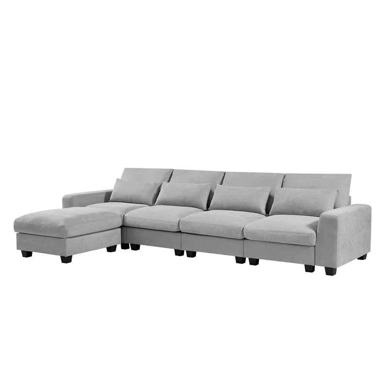 5 Seater Sofa: 129.9" Square Arm Sofa Chaise, Modern Large L-Shape Feather Filled Sectional Sofa(Light Gray Linen)