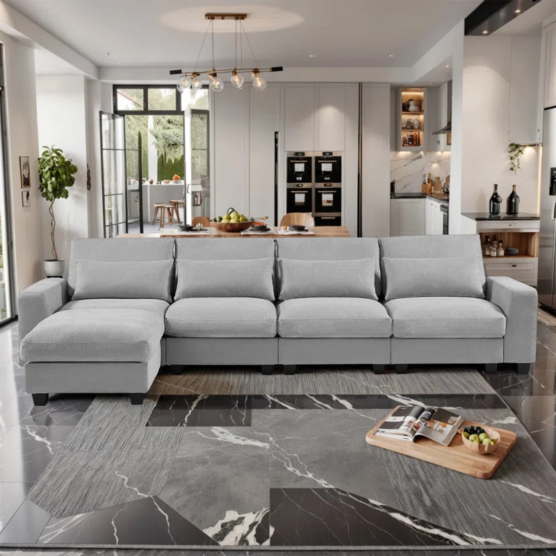 5 Seater Sofa: 129.9" Square Arm Sofa Chaise, Modern Large L-Shape Feather Filled Sectional Sofa(Light Gray Linen)