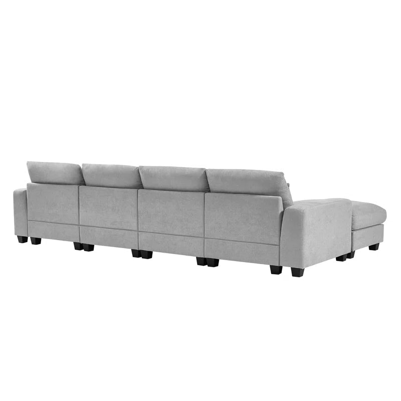 5 Seater Sofa: 129.9" Square Arm Sofa Chaise, Modern Large L-Shape Feather Filled Sectional Sofa(Light Gray Linen)