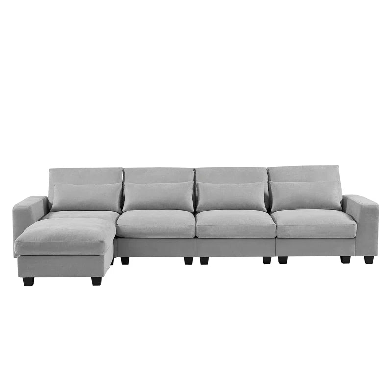 5 Seater Sofa: 129.9" Square Arm Sofa Chaise, Modern Large L-Shape Feather Filled Sectional Sofa(Light Gray Linen)