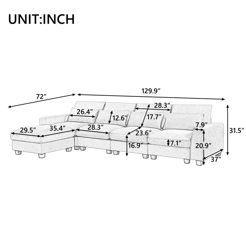 5 Seater Sofa: 129.9" Square Arm Sofa Chaise, Modern Large L-Shape Feather Filled Sectional Sofa(Light Gray Linen)