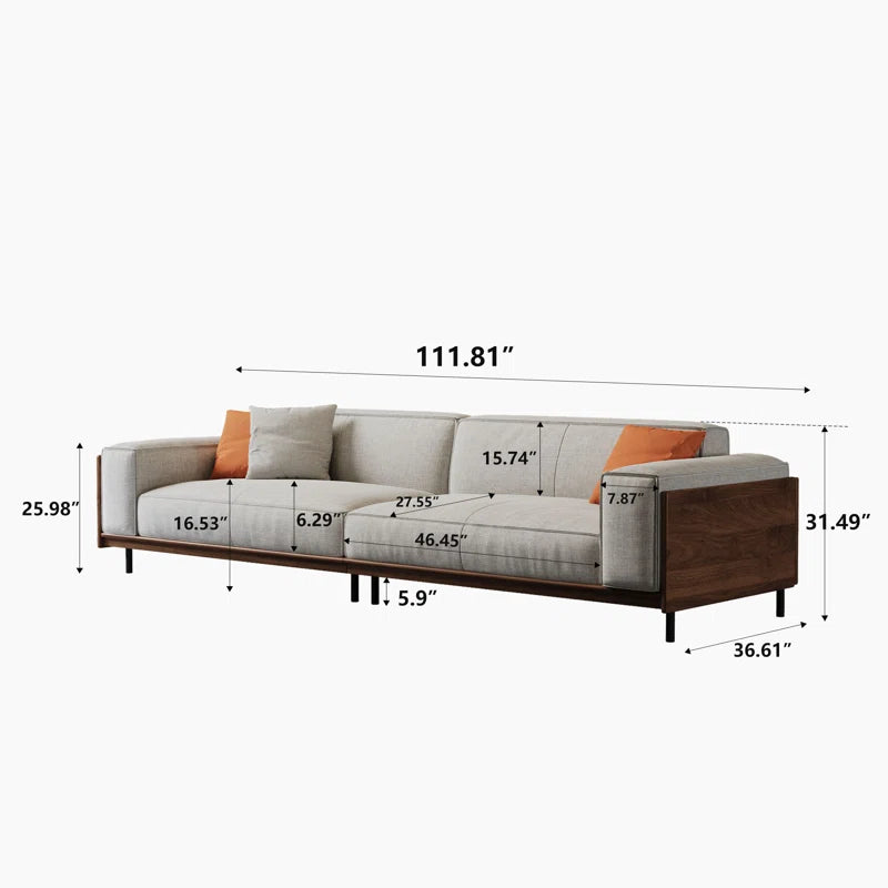 4 Seater Sofa: 111.8'' Square Arms Compliant Sofa, Solid Wood Frame Couch