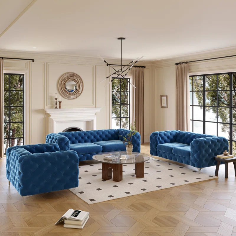 THE CASA ORO® 3-Piece Tufted Velvet Living Room Set with Chrome Legs, Sofa, Loveseat, and Chesterfield Chair(Navy Blue Velvet)