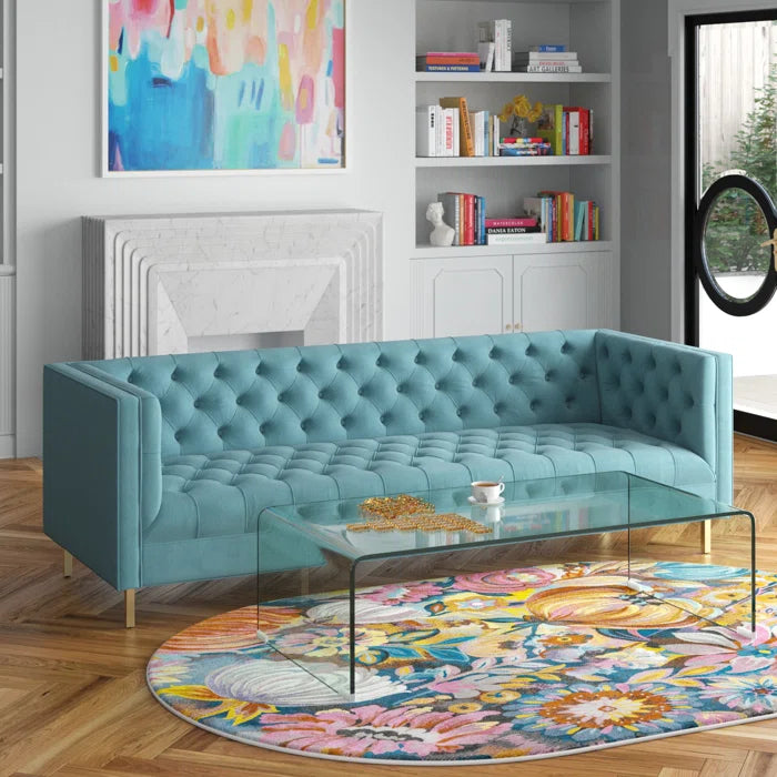 4 Seater Sofa: Tuxedo Arm Chesterfield Sofa Delight Tufted Button Performance Velvet Sofa(Sea Blue Velvet)