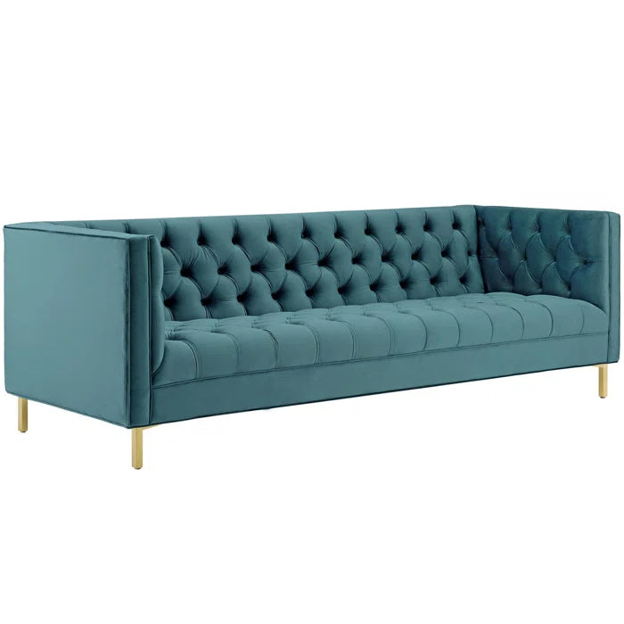 4 Seater Sofa: Tuxedo Arm Chesterfield Sofa Delight Tufted Button Performance Velvet Sofa(Sea Blue Velvet)