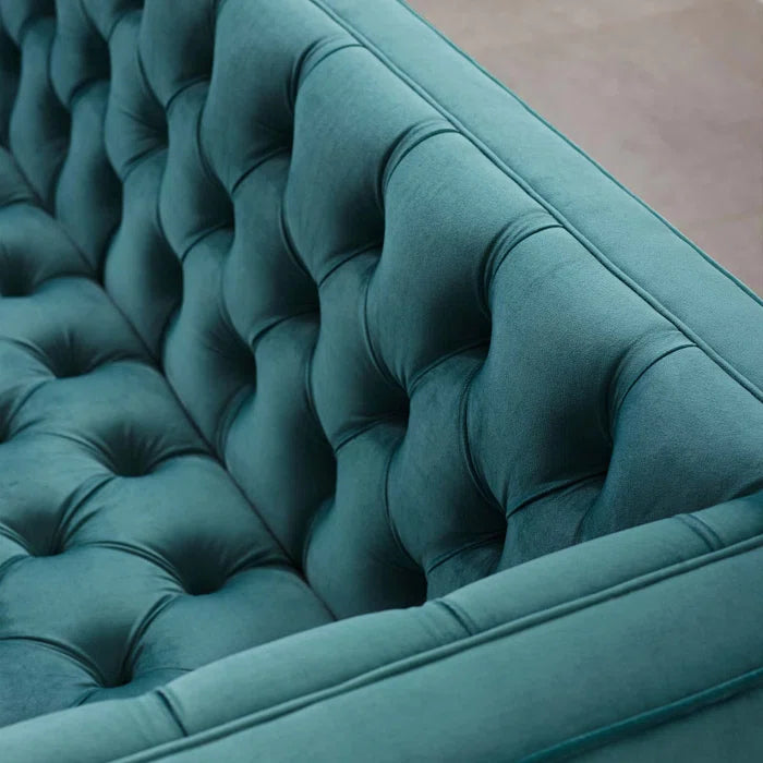 4 Seater Sofa: Tuxedo Arm Chesterfield Sofa Delight Tufted Button Performance Velvet Sofa(Sea Blue Velvet)
