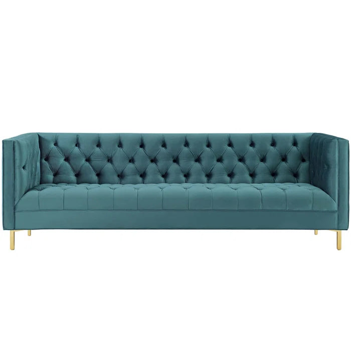 4 Seater Sofa: Tuxedo Arm Chesterfield Sofa Delight Tufted Button Performance Velvet Sofa(Sea Blue Velvet)