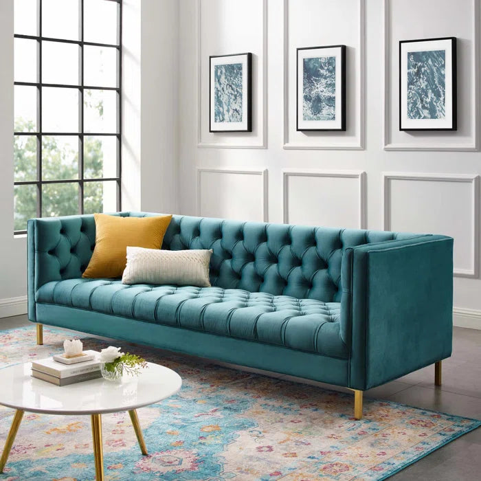 4 Seater Sofa: Tuxedo Arm Chesterfield Sofa Delight Tufted Button Performance Velvet Sofa(Sea Blue Velvet)