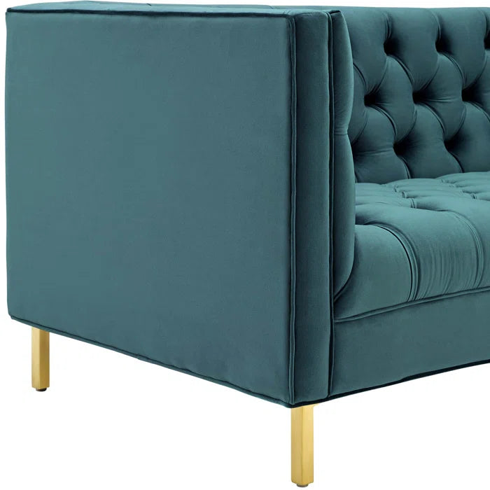 4 Seater Sofa: Tuxedo Arm Chesterfield Sofa Delight Tufted Button Performance Velvet Sofa(Sea Blue Velvet)