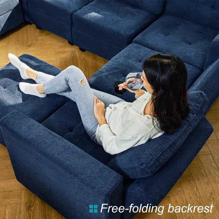9 Seater Sofa: 143'' U-Shaped Couch Modular Polyester Blend Sectional Sofa(Blue Polyester Blend)