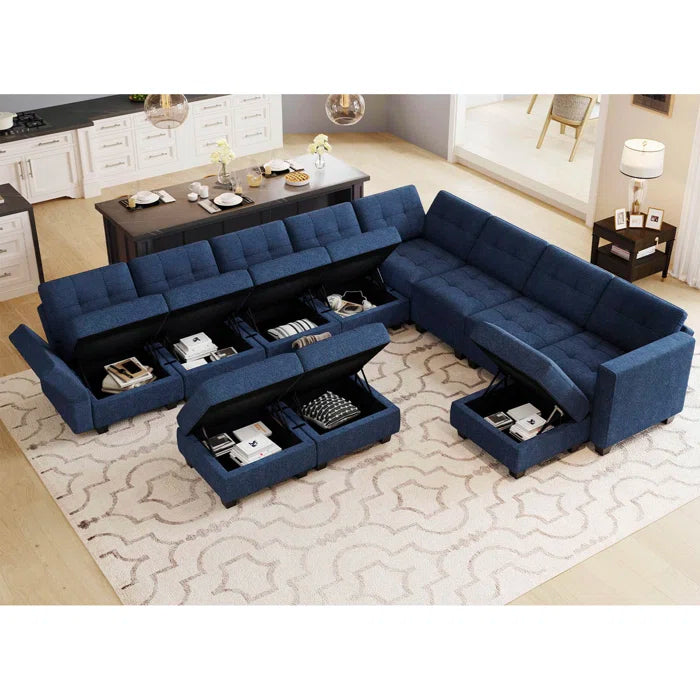 9 Seater Sofa: 143'' U-Shaped Couch Modular Polyester Blend Sectional Sofa(Blue Polyester Blend)