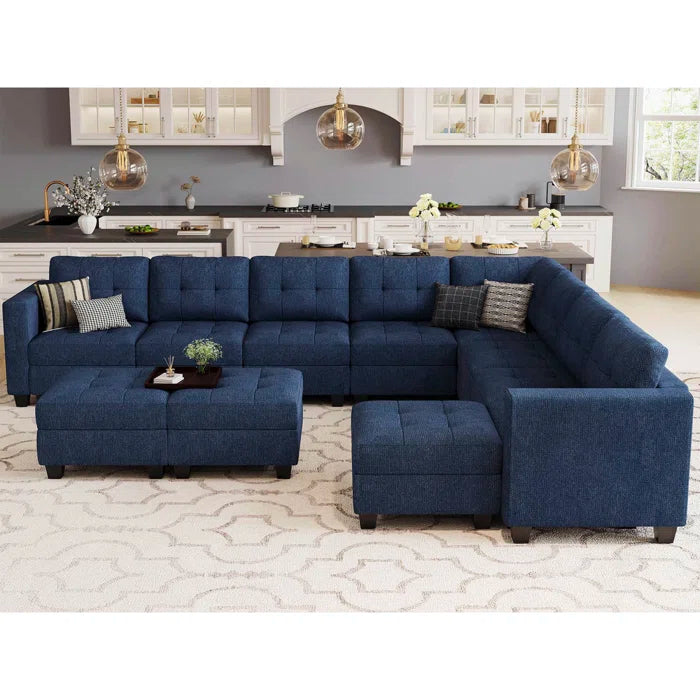 9 Seater Sofa: 143'' U-Shaped Couch Modular Polyester Blend Sectional Sofa(Blue Polyester Blend)