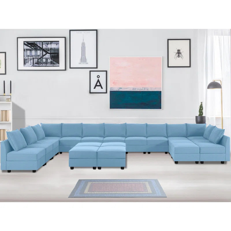 9 Seater Sofa: U-Shaped Modular Linen Sofa Sectional with 6 Ottoman for Living Room(Robin Egg Blue)