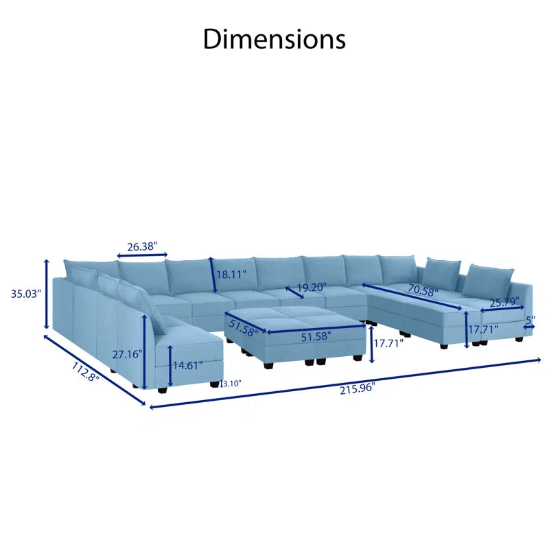 9 Seater Sofa: U-Shaped Modular Linen Sofa Sectional with 6 Ottoman for Living Room(Robin Egg Blue)