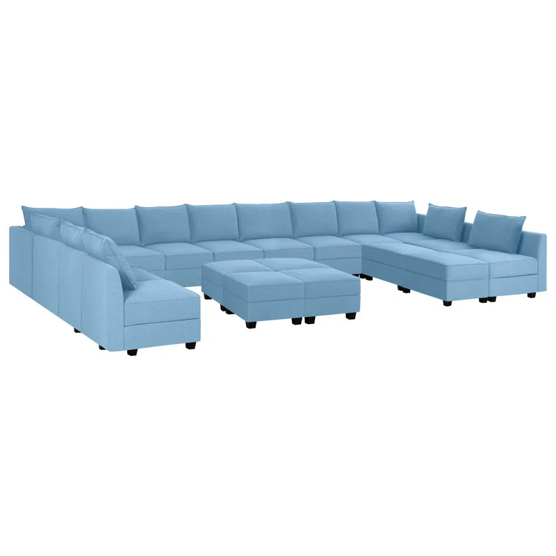 9 Seater Sofa: U-Shaped Modular Linen Sofa Sectional with 6 Ottoman for Living Room(Robin Egg Blue)
