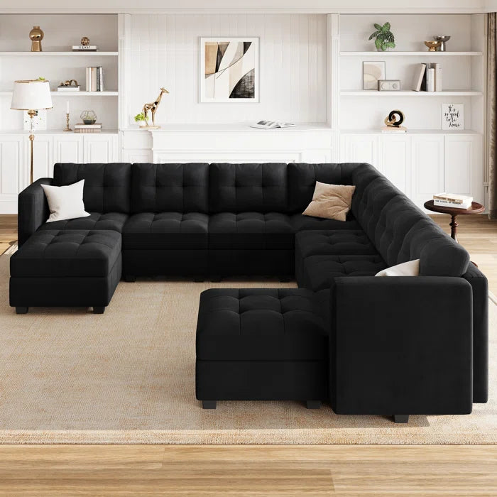 9 Seater Sofa: U-Shaped Modular Upholstered Sectional Sofa for Living Room(Black Velvet)