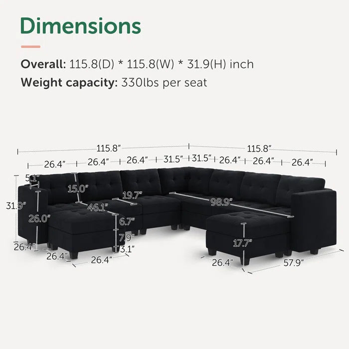 9 Seater Sofa: U-Shaped Modular Upholstered Sectional Sofa for Living Room(Black Velvet)