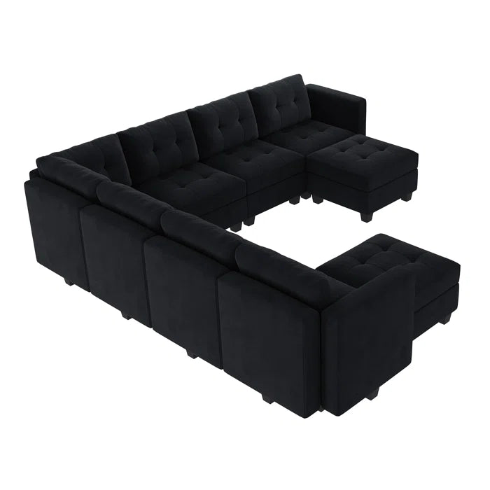 9 Seater Sofa: U-Shaped Modular Upholstered Sectional Sofa for Living Room(Black Velvet)