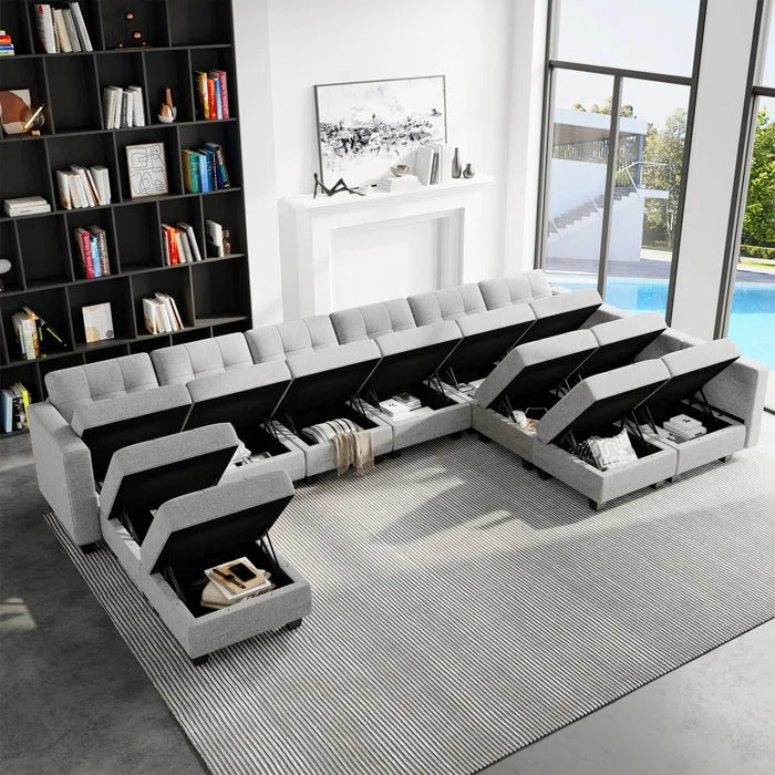 9 Seater Sofa: 169.4'' Large U-Shaped Variable Sectional Couch Module Polyester Blend Sofa with Storage(Light Gray Linen Blend)