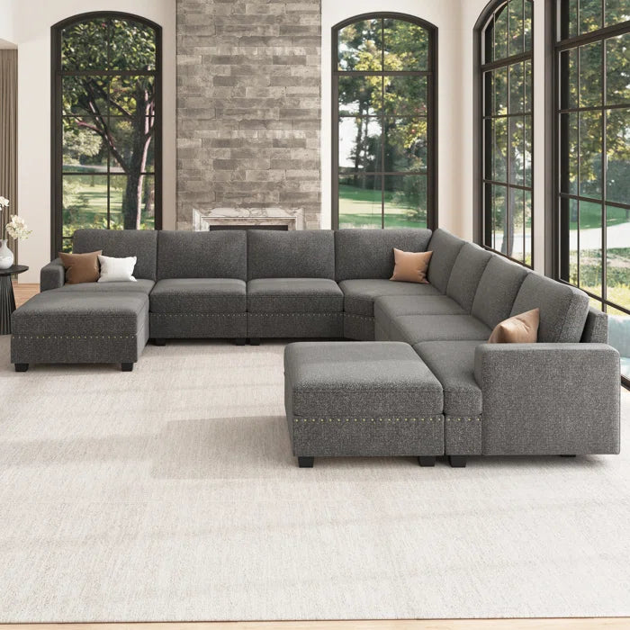 9 Seater Sofa: U Shaped Sectional Modular Design Corner Sofa with Storage Ottoman(Light Gray Polyester)