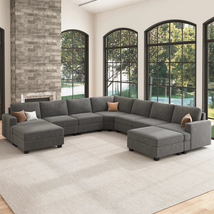 9 Seater Sofa: U Shaped Sectional Modular Design Corner Sofa with Storage Ottoman(Light Gray Polyester)