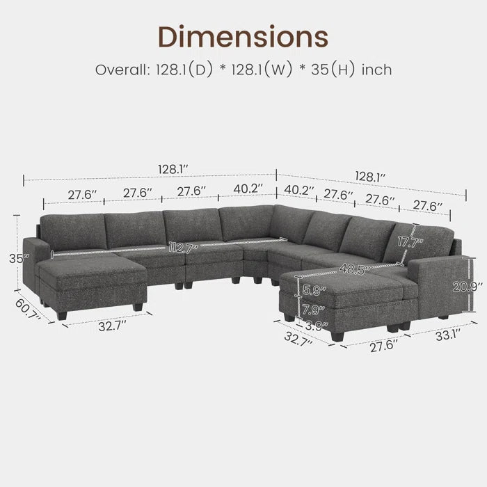 9 Seater Sofa: U Shaped Sectional Modular Design Corner Sofa with Storage Ottoman(Light Gray Polyester)
