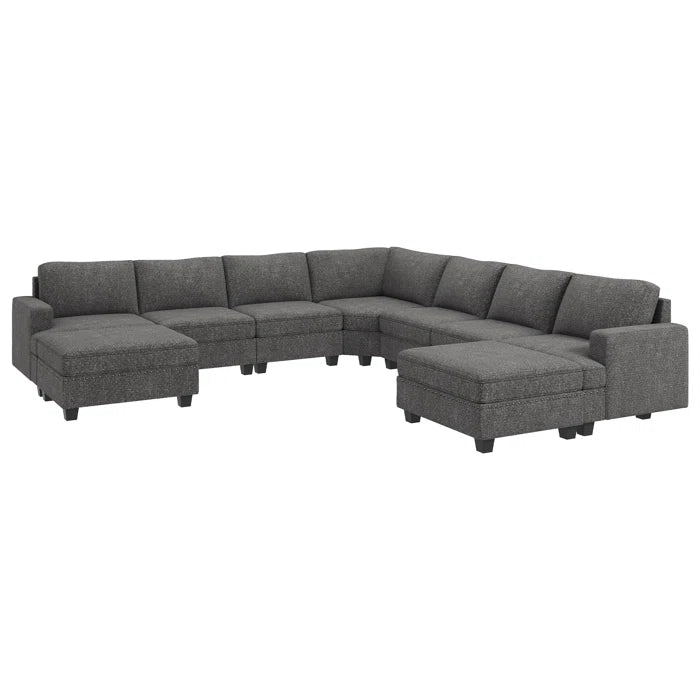 9 Seater Sofa: U Shaped Sectional Modular Design Corner Sofa with Storage Ottoman(Light Gray Polyester)
