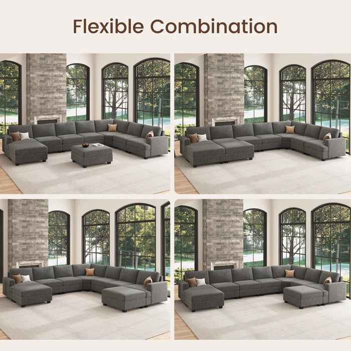 9 Seater Sofa: U Shaped Sectional Modular Design Corner Sofa with Storage Ottoman(Light Gray Polyester)