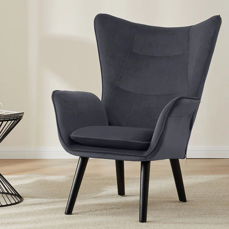THE CASA ORO® Upholstered Accent Wing Armchair Solid Metal Frame and Rubber Wood Legs with Wooden Boards & High-Elastic Sponge(Dark Gray Velvet)