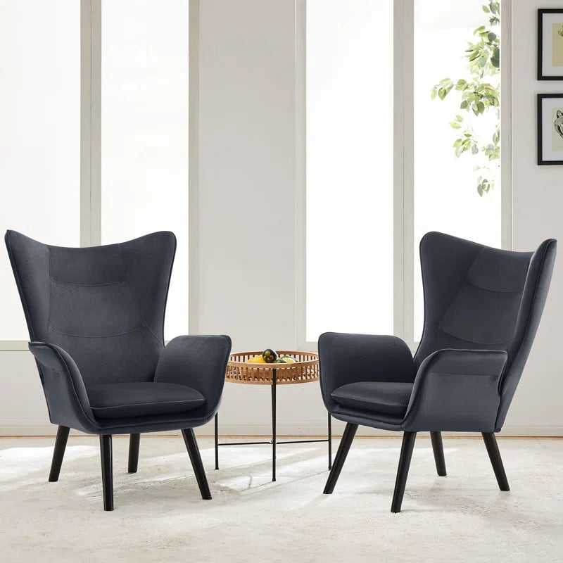 THE CASA ORO® Upholstered Accent Wing Armchair Solid Metal Frame and Rubber Wood Legs with Wooden Boards & High-Elastic Sponge(Dark Gray Velvet)