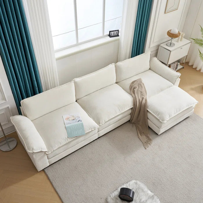 L-Shape Sectional Sofa: 120'' Upholstered Cloud Sofa & Couch with Ottoman(Beige Chenille)
