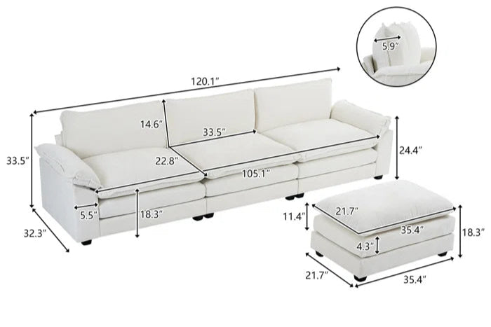 L-Shape Sectional Sofa: 120'' Upholstered Cloud Sofa & Couch with Ottoman(Beige Chenille)