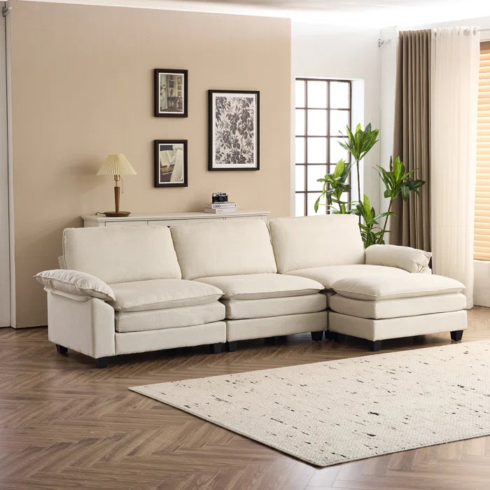 THE CASA ORO® L-Shape Sectional Sofa: 120'' Upholstered Cloud Sofa & Couch with Ottoman(Beige Polyester)