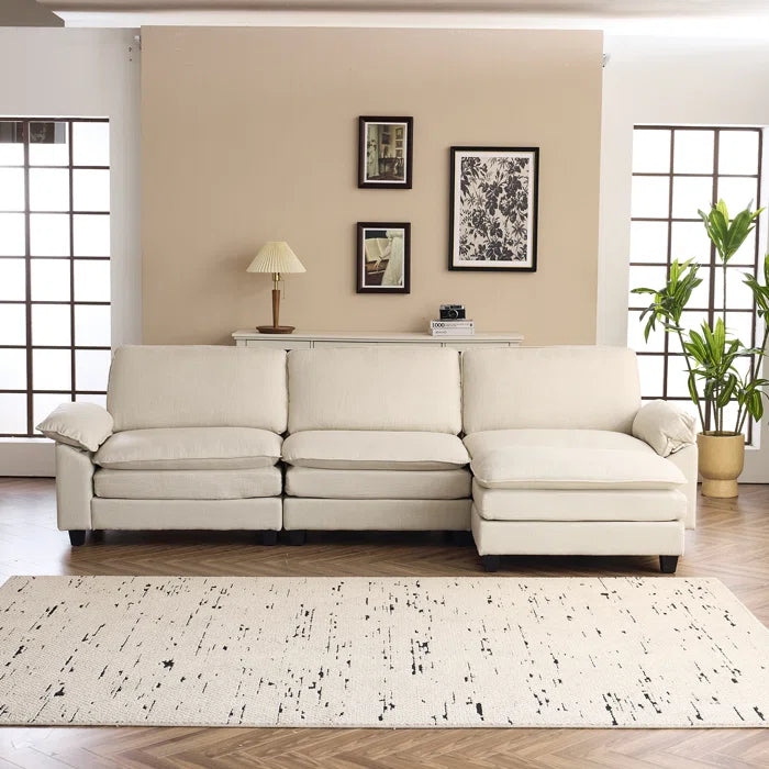THE CASA ORO® L-Shape Sectional Sofa: 120'' Upholstered Cloud Sofa & Couch with Ottoman(Beige Polyester)