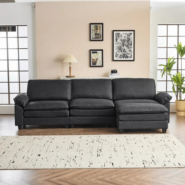 L-Shape Sectional Sofa: 120'' Upholstered Cloud Sofa & Couch with Ottoman(Black Polyester)