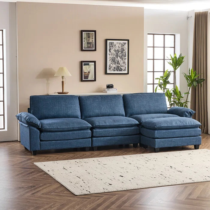 L-Shape Sectional Sofa: 120'' Upholstered Cloud Sofa & Couch with Ottoman(Blue Polyester)