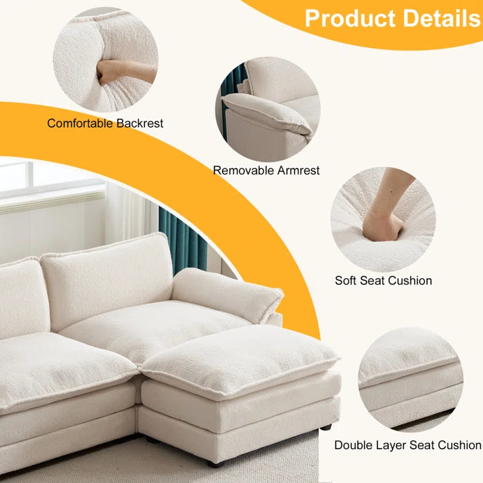 3 Seater Sofa: 120'' Upholstered Cloud Sofa & Couch with Ottoman(White Faux Sherpa)