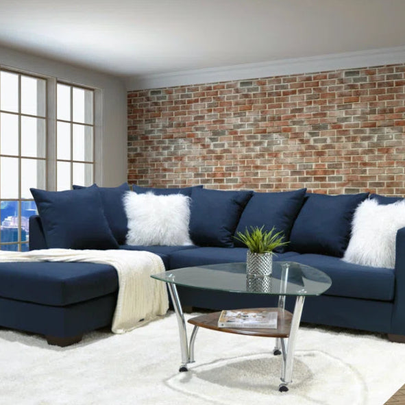 L-Shape Sectional Sofa: Upholstered Corner Chaise Sectional with Reversible Seat Cushions(Blue/White Polyester Blend)
