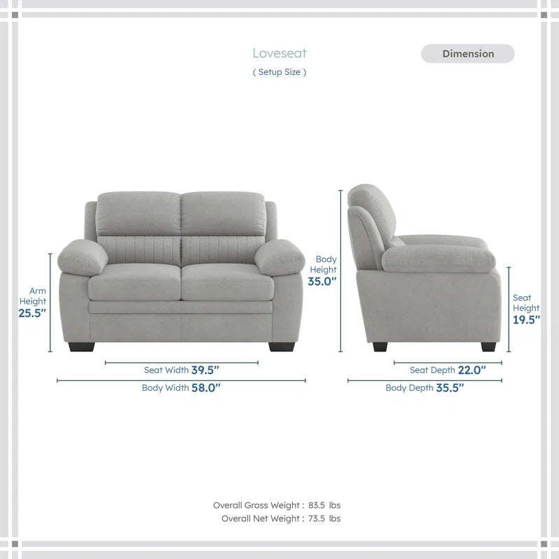 2 Seater Sofa: 58" Upholstered Pillow Top Arm Loveseat(Light Gray Polyester)