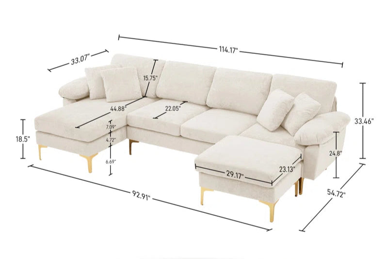 L-Shape Sectional Sofa: 4 - Piece Upholstered Sectional with Ottoman(Beige Velvet)