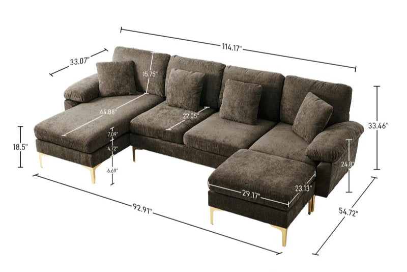 L-Shape Sectional Sofa: 4 - Piece Upholstered Sectional with Ottoman(Brown Chenille)